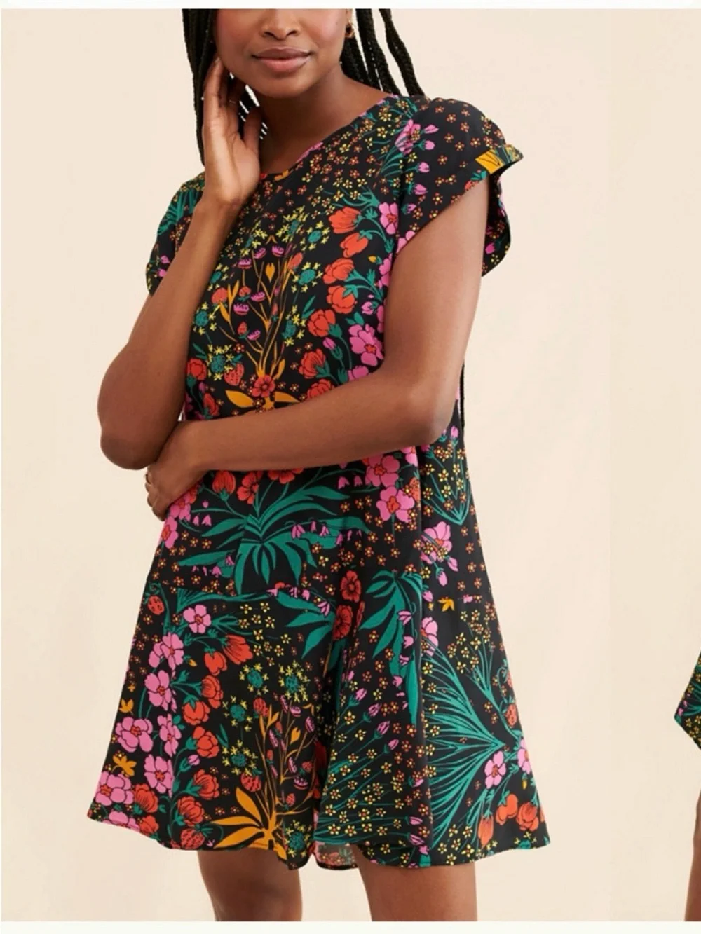 Free People Black Floral Short Sleeve Shift Dress with Pink & Yellow Accents